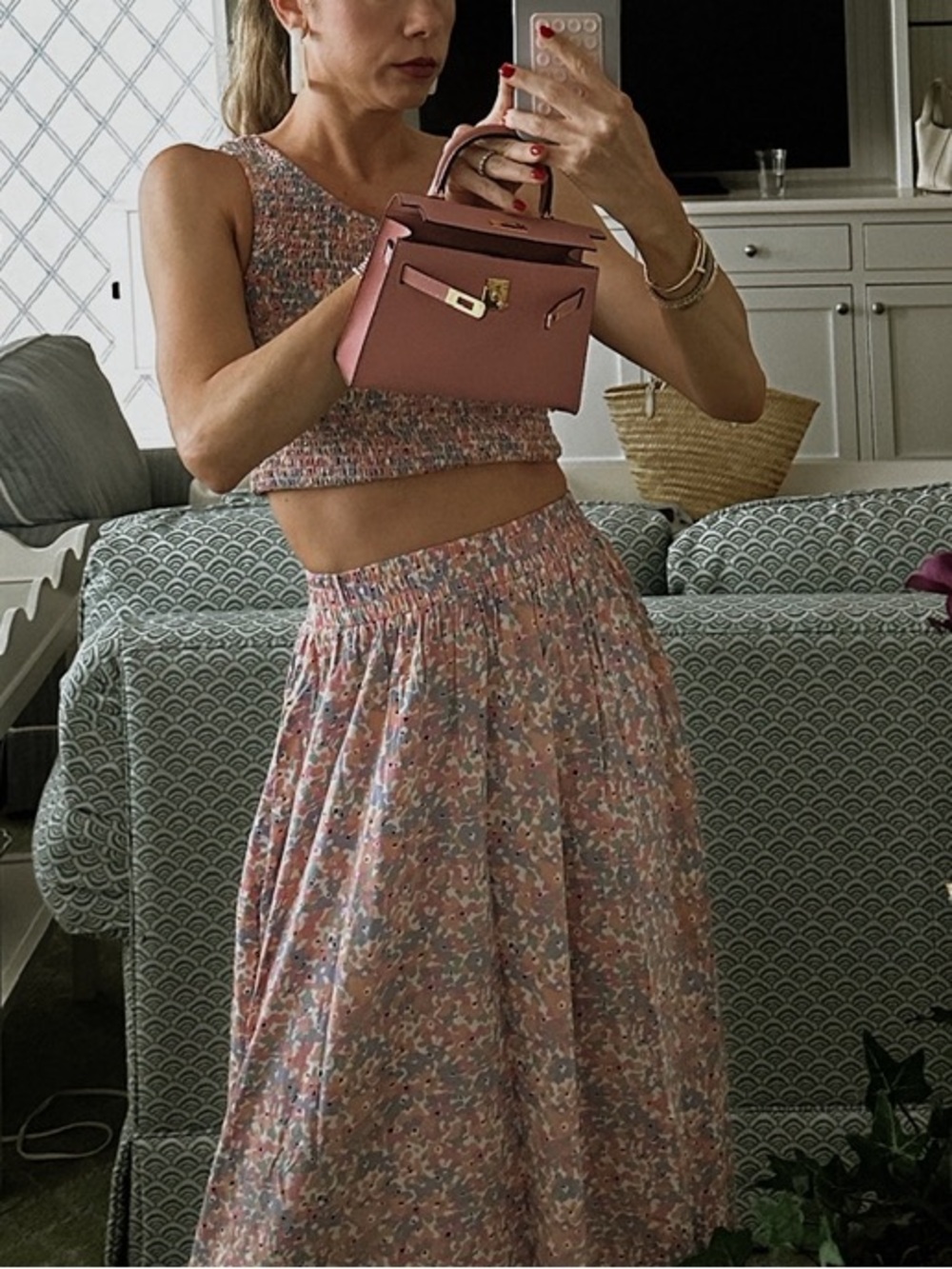Floral Two-Piece Crop Top & Maxi Skirt Set in Pastel Pink